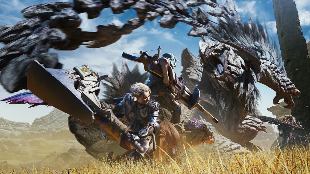Image of Monster Hunter Rise characters battling a large monster, representing the game’s new crossplay feature