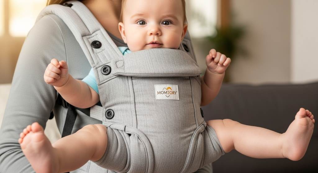 Baby in M-position hip-healthy seat of MOMTORY carrier showing breathable cotton fabric