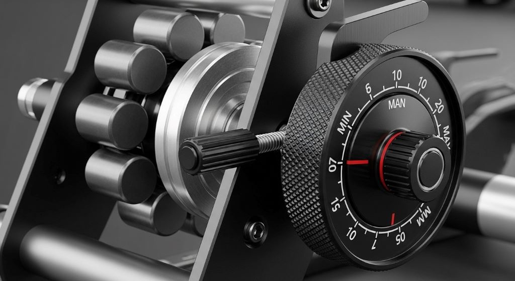 Close-up view of magnetic resistance mechanism and tension adjustment dial on premium bike roller training system