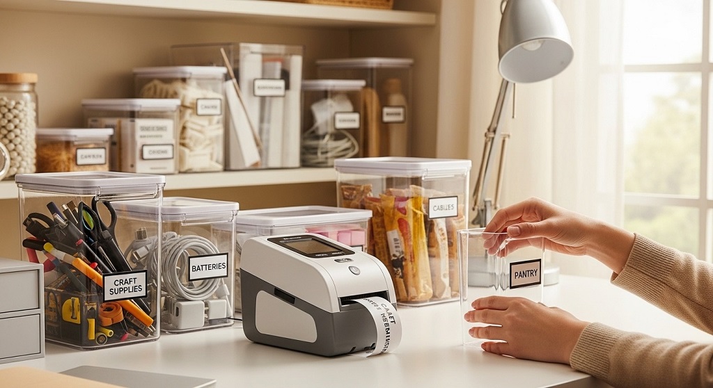 storage labeling system with clear bins in home closet