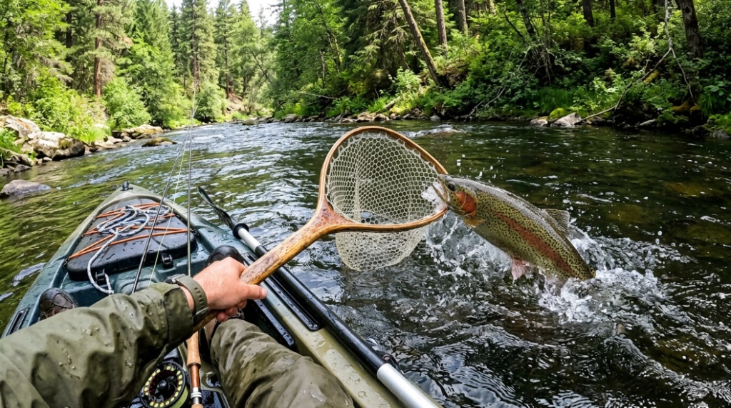 Rubber-coated fishing net used for catch-and-release bass fishing