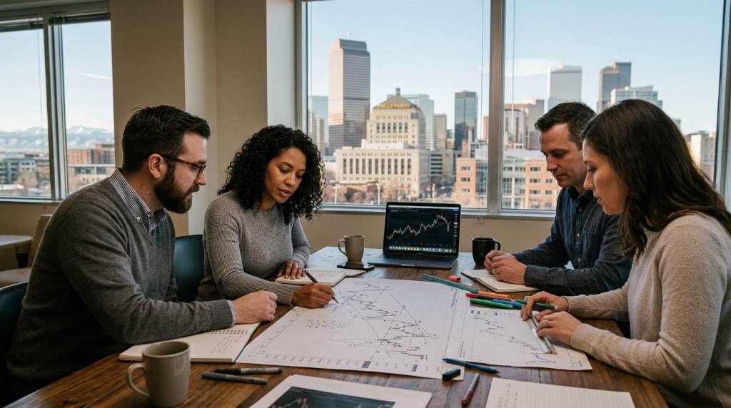 Forex trader in Denver analyzing historical currency data with multiple chart screens