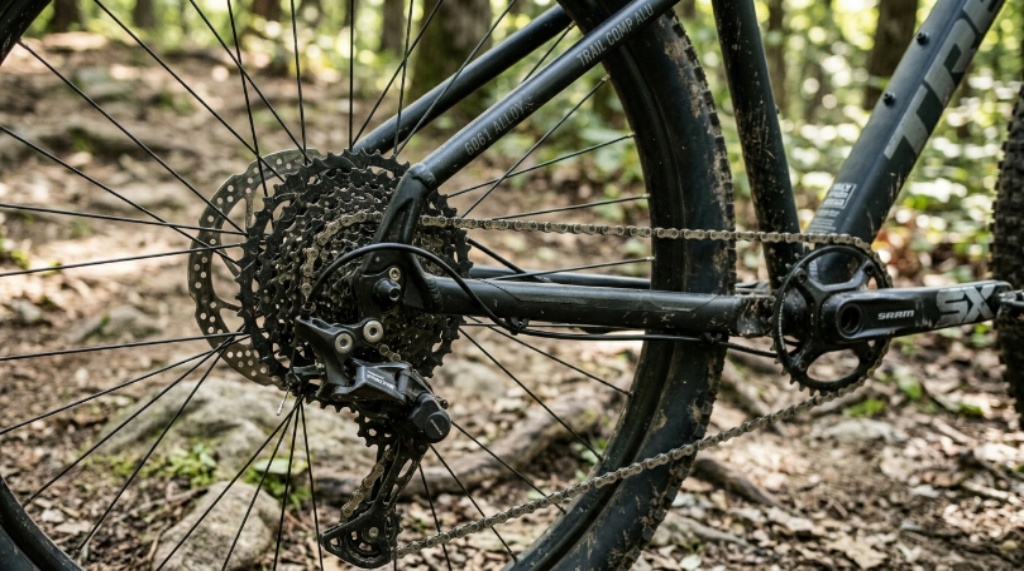 Close-up of entry-level trail bike components including hydraulic disc brakes and 1x drivetrain on an aluminum frame