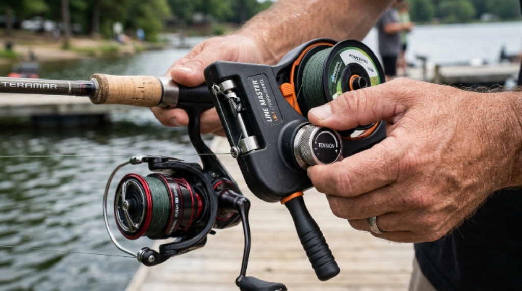 Close-up of a hand-held fishing line spooler with tension control knob being used on a spinning reel