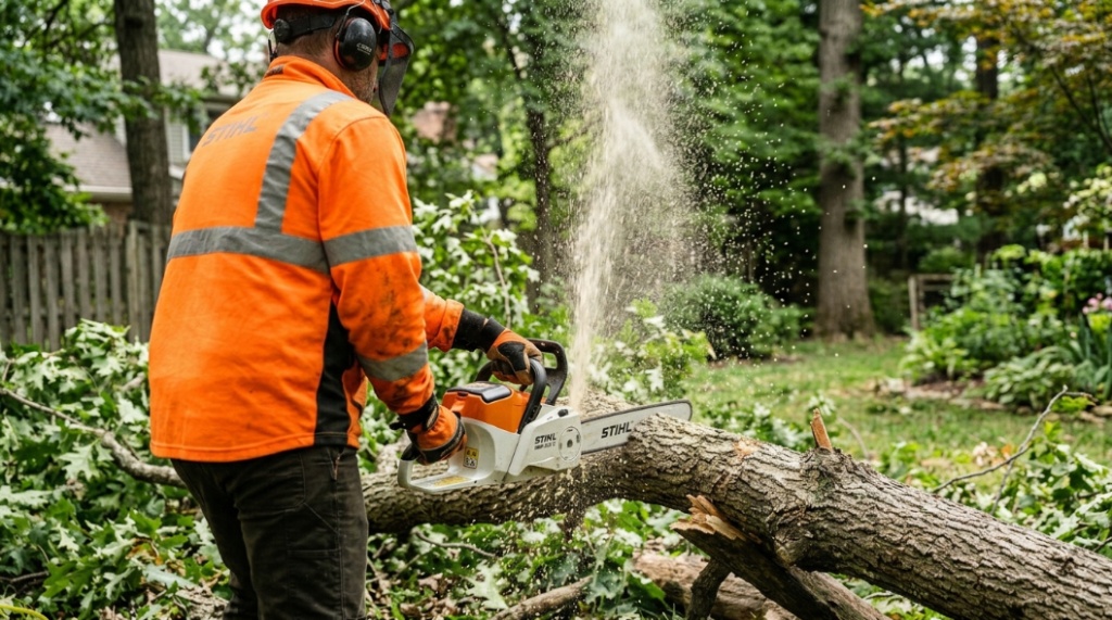 A person wearing safety gloves cutting a tree branch with a cordless chainsaw.