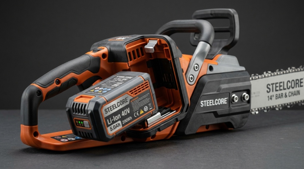 Close up of a lithium ion battery being inserted into a cordless chainsaw.