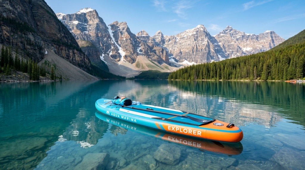 A person balancing confidently while standing on a wide inflatable paddle board during the day.