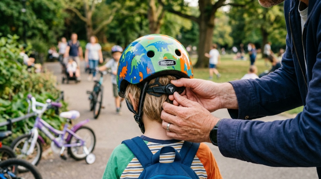 Parent hands adjusting the rear dial sizing system on a child colorful bicycle helmet.