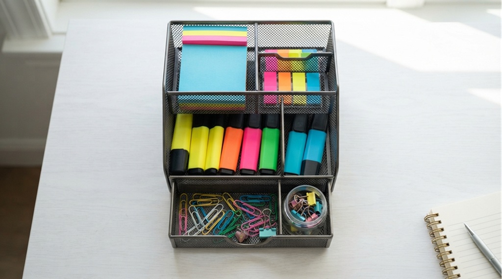 Close up of a multi tier metal desk organizer filled with office supplies.