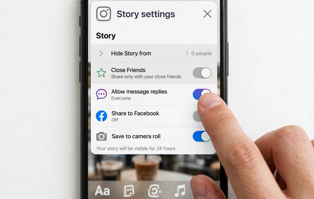 Hand tapping the Label AI switch while creating an Instagram story
